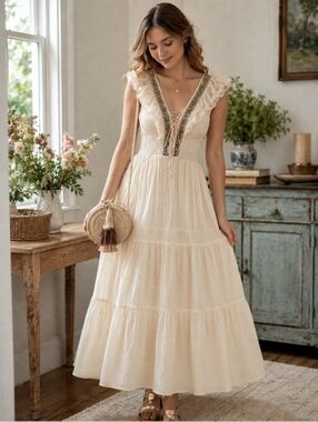 Vtg VICKY VAUGHN Boho Tiered Cream LACE CORSET Cottegcore Summer MAXI DRESS XS S
